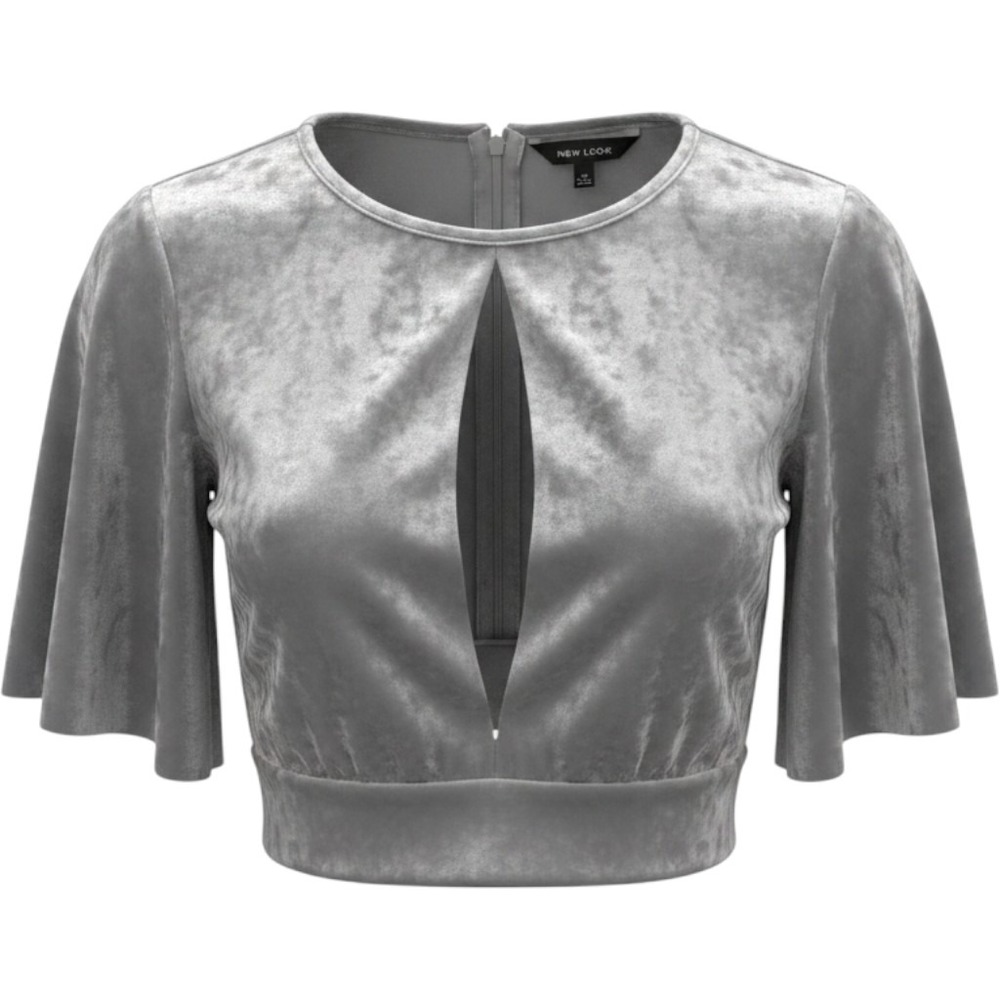 Velvet Crop Top Gray Tie Back Keyhole Flared Sleeve US 6 Romantic Whimsigoth